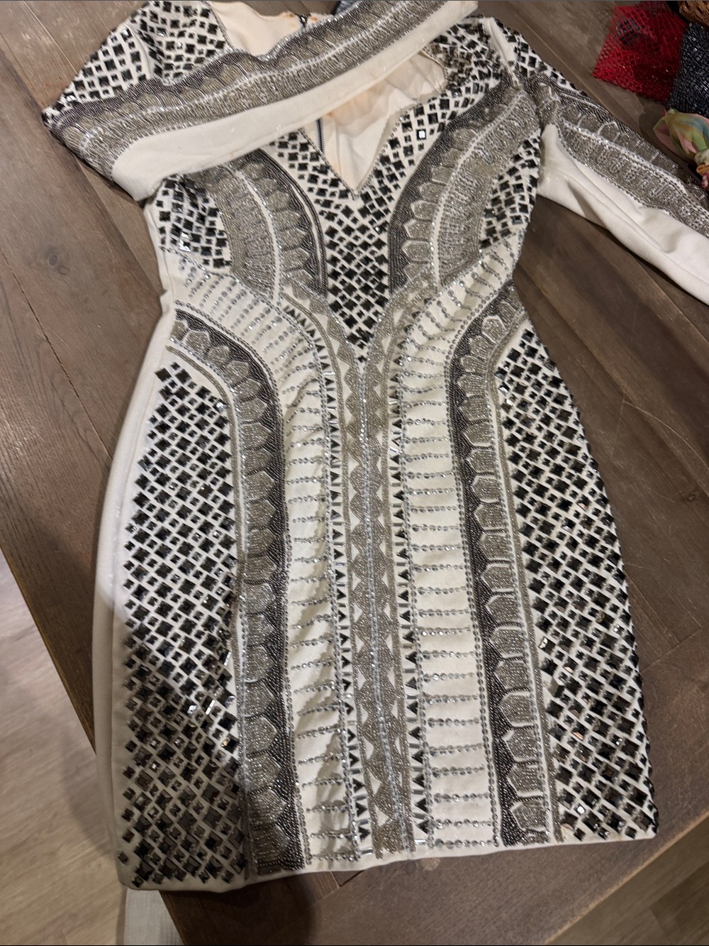 bebe White Mini Dress with Silver Embellishment